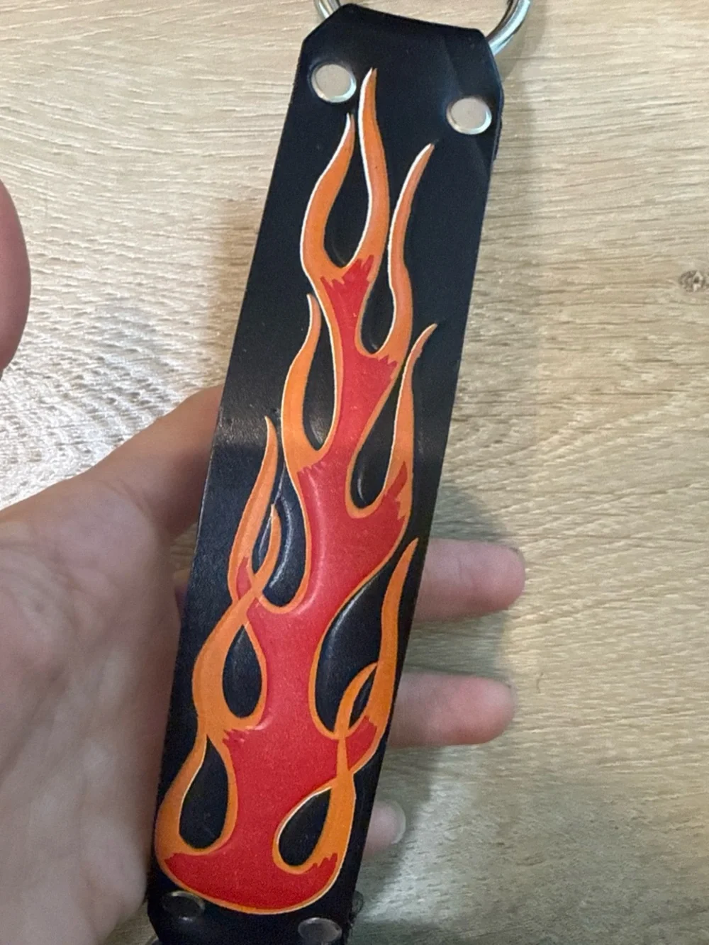 Black Leather Men’s Flame Strap Belt - Red/Orange Accent